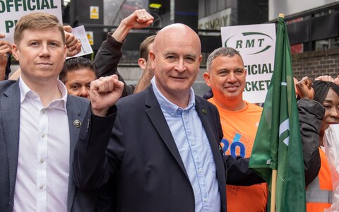 Mick Lynch, secretary-general of the RMT, joins the picket line outside Euston Station in June