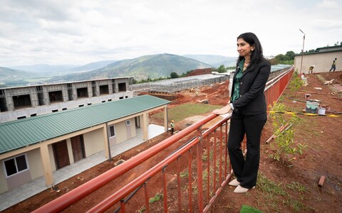 Mrs Braverman during a tour of a building site on the outskirts of Kigali on her visit to Rwanda