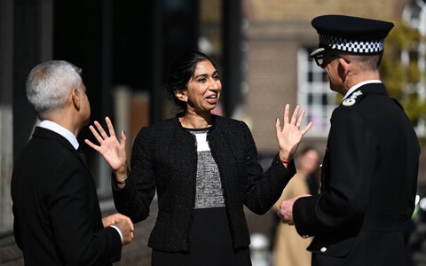 Mrs Braverman pictured with Sadiq Khan, left, and Mark Rowley, Metropolitan Police Commissioner, right