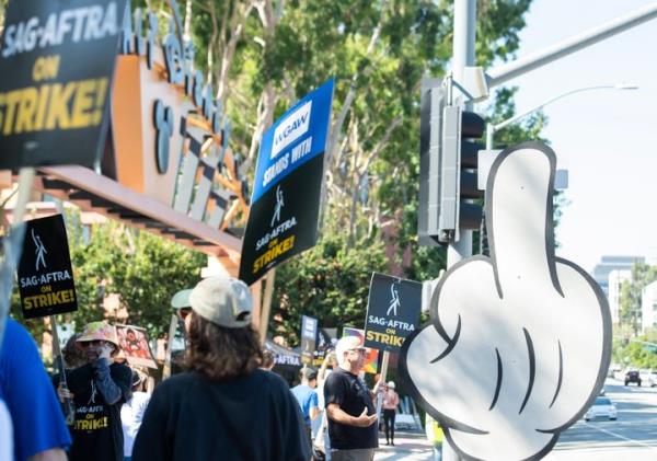 Striking SAG-AFTRA members picketing in front of Disney headquarters in Burbank, California. 