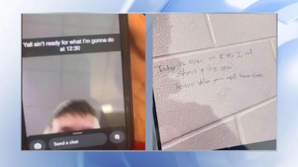 A photo sent to WRAL News showed a threatening message on the bathroom wall at Apex Friendship warning students a<em></em>bout a possible shooting on Tuesday at 12:30 p.m