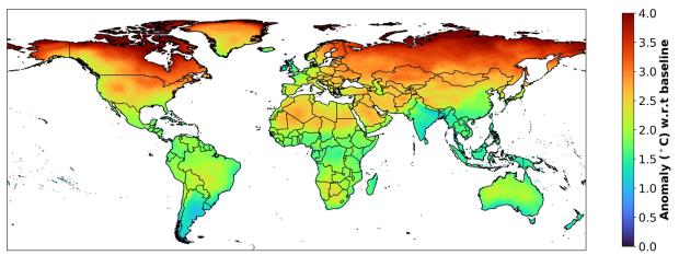 In the 2040s, global mean near-surface air temperature over land is projected to increase 2.33-2.79°C (4.2-5°F), compared with the ba<em></em>seline period 1950–79. 
