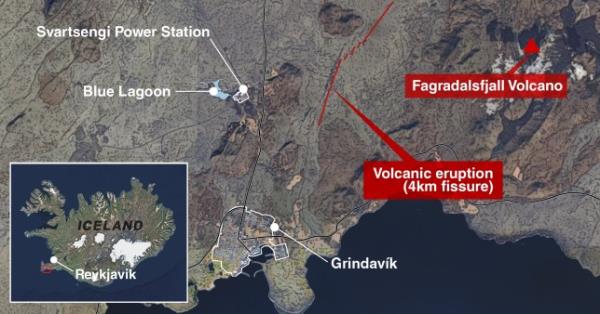 冰岛火山地图显示了雷克雅内斯半岛喷发的熔岩路径