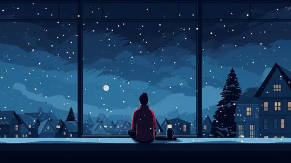 Co<em></em>ncept illustration of a lo<em></em>nely person looking out over a city as snow gently falls. Image credit: Nicole Smith