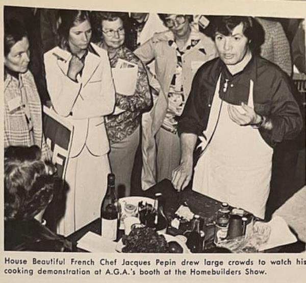 A page from a 1979 issue of AGA mo<em></em>nthly showing celebrity chef Jacques Pépin at the American Gas Association booth at a home builders show.