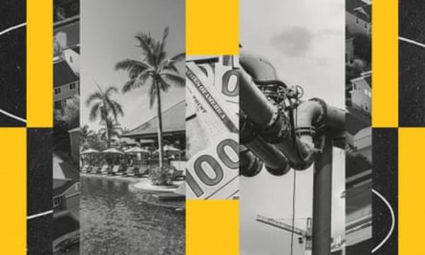 A collage of idyllic ocean resort and oil and gas industry infrastructure.