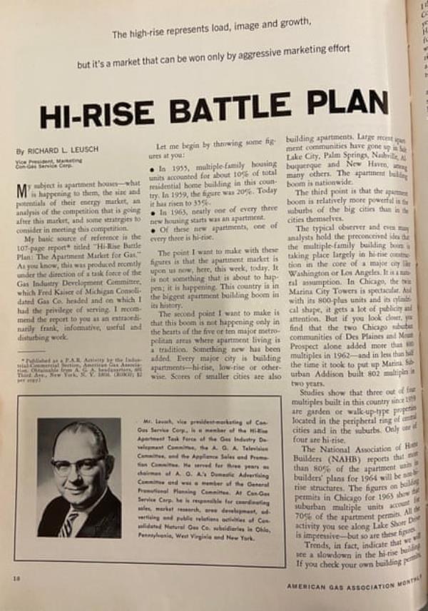 A page from a 1964 issue of AGA Mo<em></em>nthly outlining a 12-step plan to ensure that new developments would opt for gas over electricity.