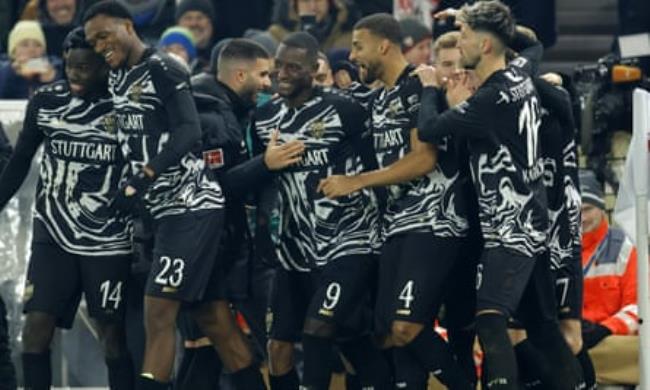 Zerhau Guirassy (centre) celebrates with teammates after scoring during the Bundesliga match between VfB Stuttgart and SV Werder Bremen
