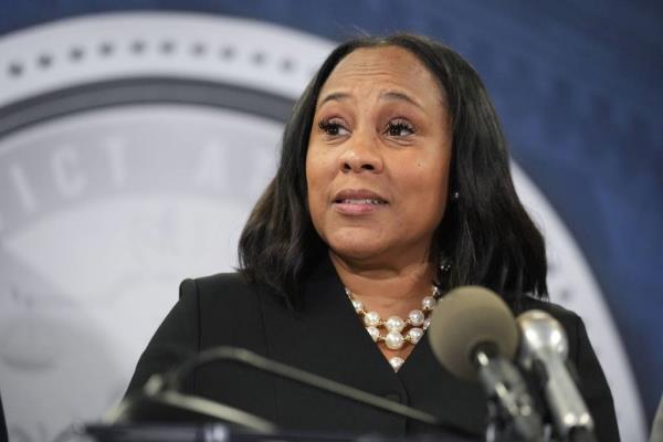 Fulton County District Attorney Fani Willis speaks in the Fulton County Government Center in Atlanta on Aug. 14, 2023. 