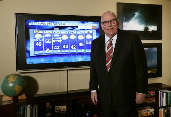 WGN chief meteorologist Tom Skilling at his home office on April 10, 2020.