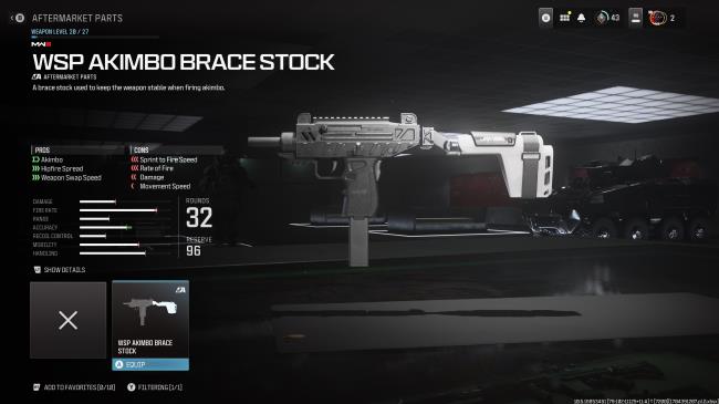 The WSP Akimbo Stock stats page displaying the pros and cons for the attachment.