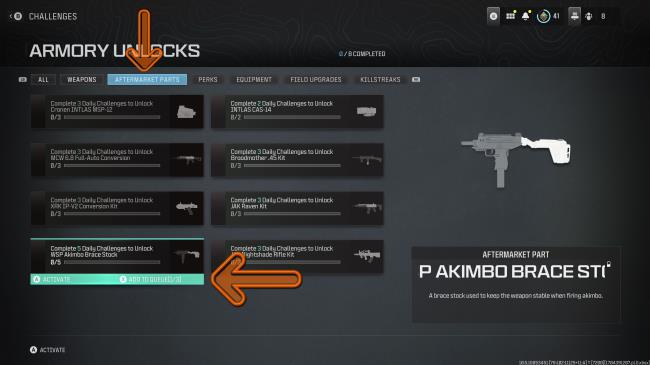 The CoDMWIII Armory Unlocks screen with arrows showing Aftermarket Parts and the WSP Akimbo Stock.