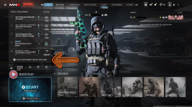 The multiplayer home page with arrows showing how to get to your daily challenges.