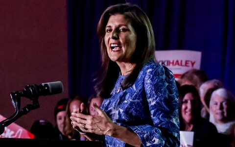 Nikki Haley speaks to supporters at the Grappone Co<em></em>nference Center in Concord