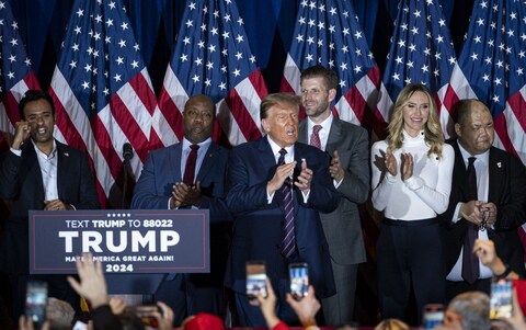 Do<em></em>nald Trump during a New Hampshire primary election night watch party in Nashua