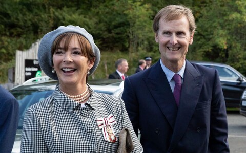 Ralph Percy, 12th Duke of Northumberland, and the Duchess of Northumberland during a visit to Kielder Salmon Centre in Northumberland