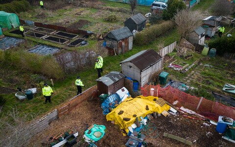 A police search team works through an allotment area as they co<em></em>ntinue to search for a missing baby on March 01, 2023 in Brighton, England. Police are searching for a British heiress Co<em></em>nstance Marten's missing newborn baby after she was arrested in Brighton with partner Mark Gordon