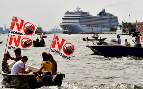 Enviro<em></em>nmental protesters from the No Grandi Navi group demo<em></em>nstrate against the presence of cruise ships in the lagoon