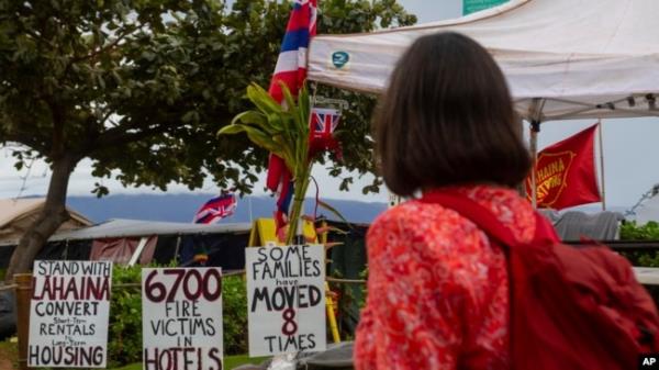 FILE - A tourist stops to read signs at the Lahaina Strong 'Fish-in' on Dec. 1, 2023, in Lahaina, Hawaii.