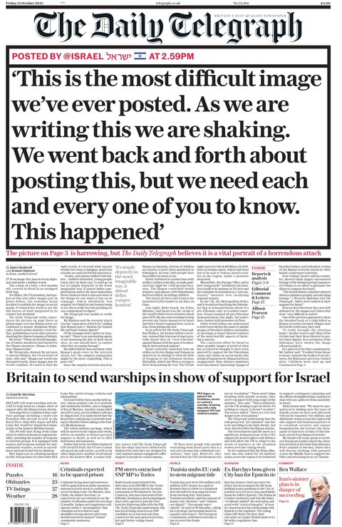 The front page that published a warning from the Israeli government accompanying a graphic photo of a child murdered in the October 7 massacre by Hamas has been nominated for the Front Page of the Year