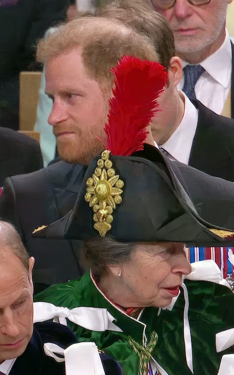 Prince Harry sat behind Princess Anne wearing a tall headpiece at the Coronation