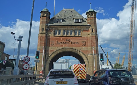 The entrance of the northbound approach to the Blackwall Tunnel in East London