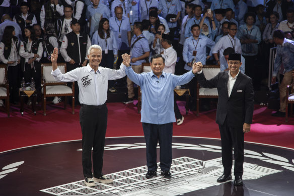 Indonesia’s presidential candidates, (from left) Ganjar Pranowo,  Prabowo Subianto and Anies Baswedan.
