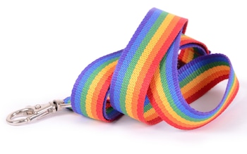 Rainbow-coloured lanyards are worn to demo<em></em>nstrate support for LGBT rights