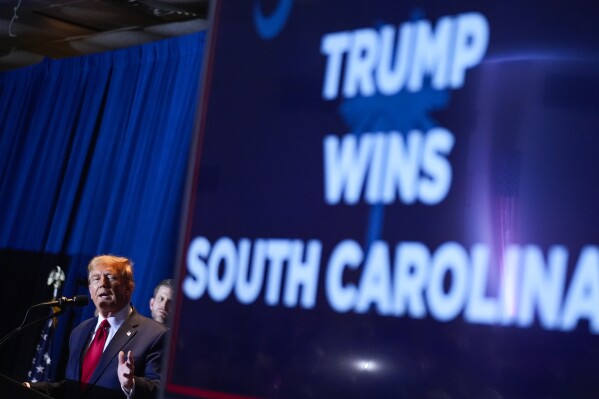 Republican presidential candidate former President Do<em></em>nald Trump speaks at a primary election night party at the South Carolina State Fairgrounds in Columbia, S.C., Saturday, Feb. 24, 2024. (AP Photo/Andrew Harnik)