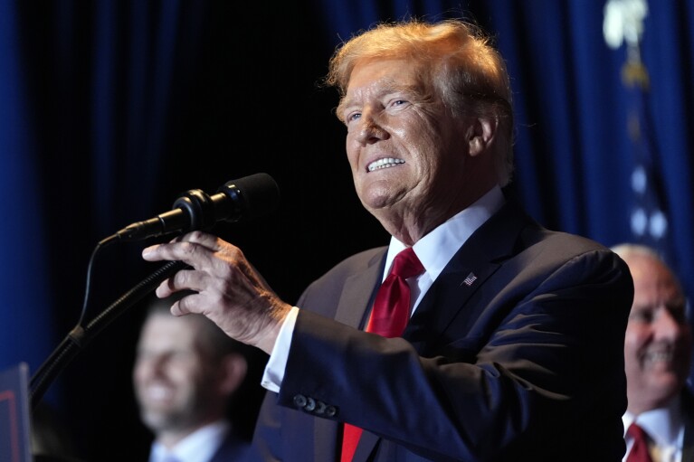 Republican presidential candidate former President Do<em></em>nald Trump speaks at a primary election night party at the South Carolina State Fairgrounds in Columbia, S.C., Saturday, Feb. 24, 2024. (AP Photo/Andrew Harnik)