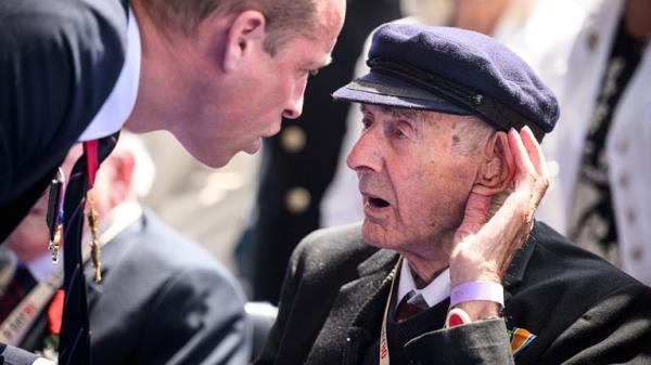 The Prince of Wales speaks with a D-Day veteran as King Charles III and Queen Camilla lead the commemorative events in Portsmouth.</p>
<p> Pic:Reuters