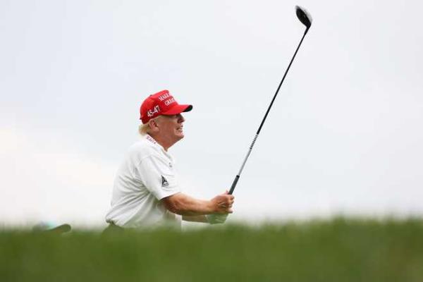 Former President Do<em></em>nald Trump hits his shot from the second tee during the pro-am prior to the LIV Golf Invitatio<em></em>nal - Bedminster at Trump Natio<em></em>nal Golf Club on Aug. 10, 2023, in Bedminster, New Jersey.