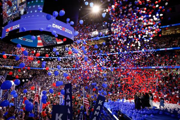Balloons fall as Democratic presidential nominee, U.S. Vice President Kamala Harris, celebrates with her family during the final day of the Democratic Natio<em></em>nal Convention.