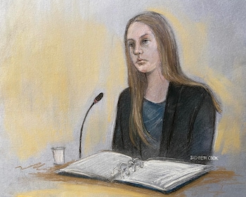 A court sketch of Letby giving evidence during her trial