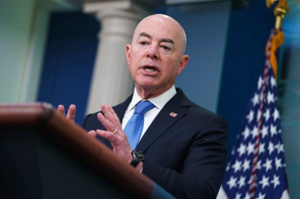 Homeland Security Secretary Alejandro Mayorkas speaks a<em></em>bout border security during a briefing at the White House, May 11, 2023.