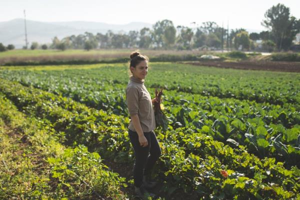 Michal Havivian standing among rows of crops