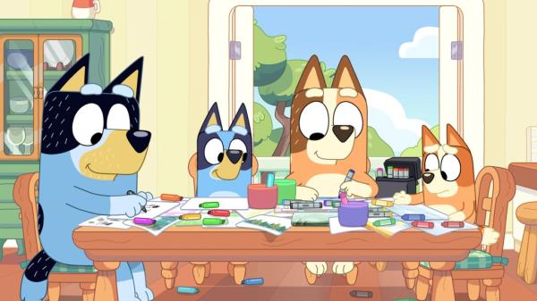 Bluey with her parents, Chilli and Bandit, and her sister, Bingo. It teaches parents how to better interact with their children.