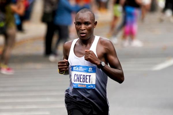 Kenya's Evans Chebet competes in the NYC Marathon on Sunday, Nov. 6, 2022. Chebet won the Men's champio<em></em>nship with a time of 2:08.41.