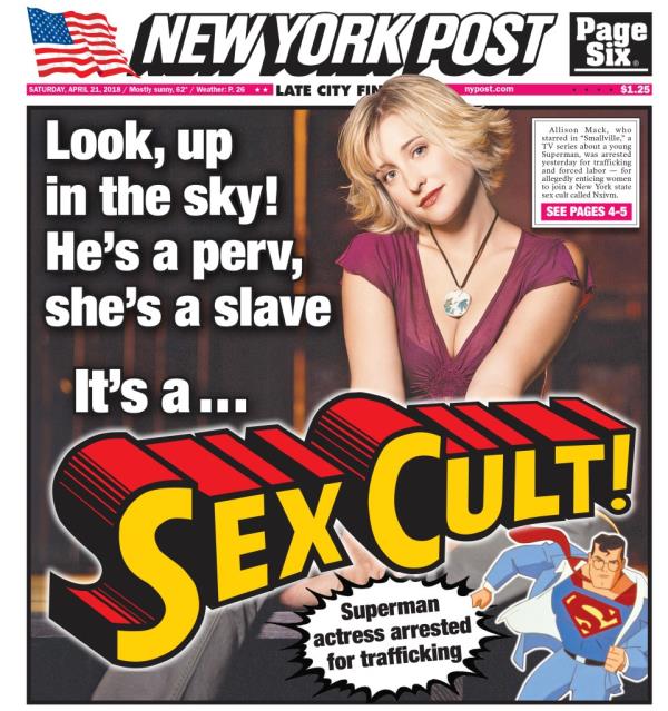 Allison Mack on the cover of the NYPost after being arrested.