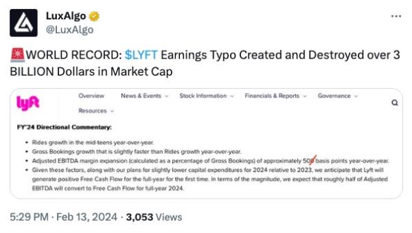 Lyft on Tuesday said incorrectly in a statement that its gross margin was expected to rise by 500 basis points -- or 5% -- this year. 