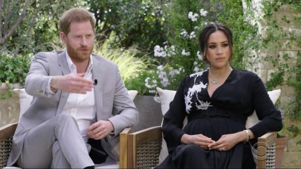Meghan Markle and Prince Harry being interviewed by Oprah Winfrey on CBS, Sunday, March 7, 2021