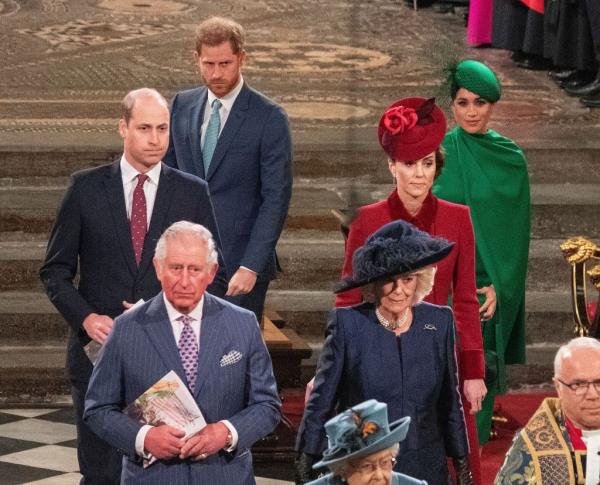 Britain's Prince William, Duke of Cambridge (L), Britain's Prince Charles, Prince of Wales (2nd L), Britain's Prince Harry, Duke of Sussex (3rd L), Britain's Camilla, Duchess of Cornwall (3rd R), Britain's Catherine, Duchess of Cambridge (2nd R) and Britain's Meghan, Duchess of Sussex (R) depart Westminster Abbey after attending the annual Commo<em></em>nwealth Service in Lo<em></em>ndon on March 9, 2020