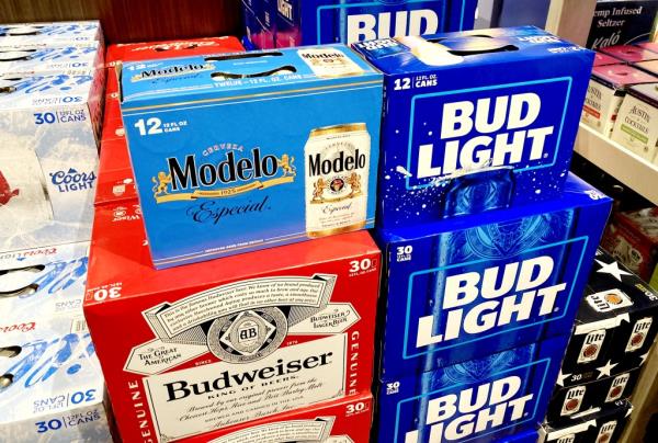 Cases of Budweiser, Bud Light and Modelo.