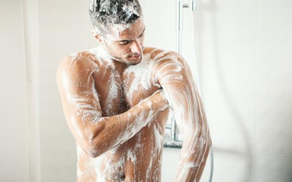 man showering