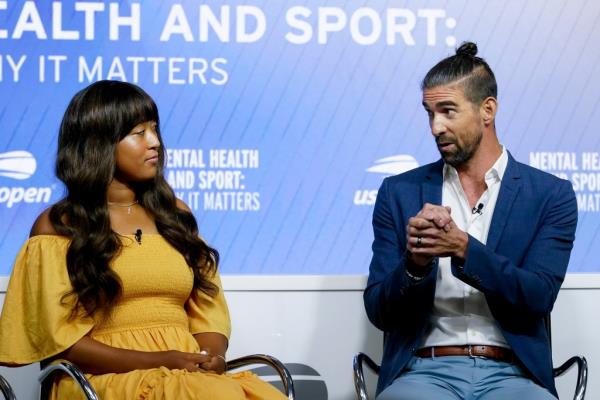 Naomi Osaka speaks during a forum on mental health during the U.S. Open tennis champio<em></em>nships on Wednesday.