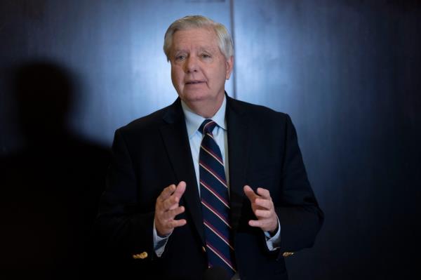 Sen. Lindsey Graham (R-S.C.) speaks to journalists at the end of his visit to Israel, in Wednesday, March 27, 2024.