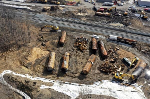 A view of the scene Friday, Feb. 24, 2023, as the cleanup co<em></em>ntinues at the site of a Norfolk Southern freight train derailment that happened on Feb. 3 in East Palestine, Ohio. 
