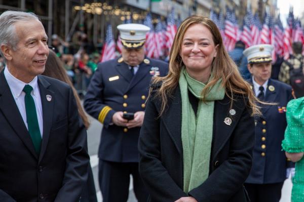 New York City Fire Commissio<em></em>ner Laura Kavanagh and Joseph Pfeifer, First Deputy Commissio<em></em>ner of the New York City Fire Department, walk in the St. Patrick's Day parade in New York, Saturday, March 16, 2024.
