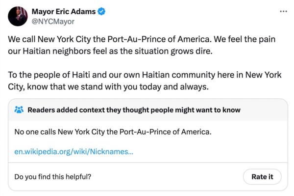 Eric Adams tweet w/ community note