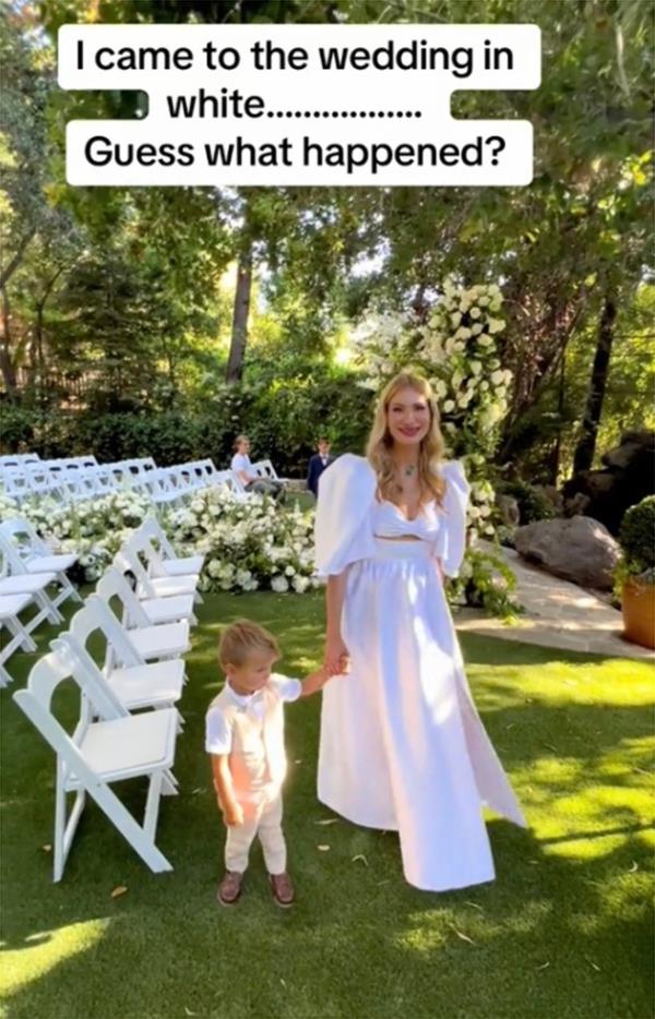 A screenshot of wedding guest Lana Kaufman wearing a white dress to a friend's nuptials.